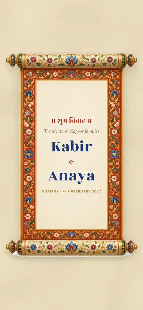 Royal Farman — Rajasthani wedding invitation, on a phone